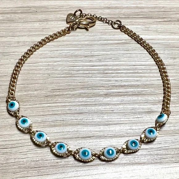 Designer ALDO Gold Tone Blue Evil Eye Protection Bracelet, 7.5” To 8” - Picture 2 of 5